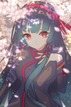 Rule 34 | 1girl, blunt bangs, blurry, blurry foreground, breasts, character request, cherry blossoms, commentary request, falling petals, green hair, hair ornament, hairband, highres, hime cut, kyoto xanadu, large breasts, long hair, long sidelocks, long sleeves, looking at viewer, petals, red eyes, red hairband, school uniform, sidelocks, solo, upper body, zer00han