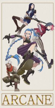 1boy 3girls absurdres arcane:_league_of_legends arcane_caitlyn arcane_jinx arcane_vi arm_tattoo armor bandaged_arm bandaged_hand bandaged_leg bandages bandaid bandaid_on_leg bare_shoulders black_boots black_gloves black_shirt blue_dress blue_eyes blue_hair boots braid breasts brown_boots caitlyn_(league_of_legends) cloud_tattoo copyright_name crop_top crossed_bandaids dark-skinned_male dark_skin dreadlocks dress ekko_(league_of_legends) elbow_gloves facial_mark firelight_ekko floating full_body furrowed_brow gloves grey_background grey_pants gun hair_over_one_eye hands_in_pockets hashtag-only_commentary highres holding holding_gun holding_weapon hood hood_up jacket jinx_(league_of_legends) league_of_legends long_hair medium_breasts midriff multiple_girls pants pink_hair purple_pants red_jacket red_scarf scarf shirt short_dress short_hair shoulder_armor sleeveless sleeveless_shirt squatting striped_clothes striped_pants tattoo thigh_boots twin_braids very_long_hair vi_(league_of_legends) weapon white_hair yiguan_li