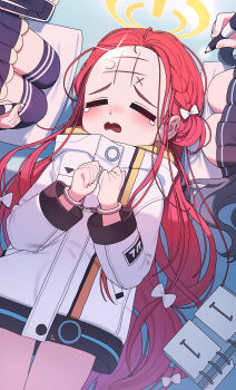 3girls absurdres aris_(blue_archive) black_hair black_thighhighs blue_archive blush bound bound_wrists chinese_commentary closed_eyes commentary_request cuffs drawing_on_another's_face forehead forehead_writing glint halo handcuffs highres holding holding_pen jacket long_hair long_sleeves lying millennium_science_school_logo momoi_(blue_archive) multiple_girls open_mouth pen power_symbol red_hair solo_focus tearing_up thighhighs tic-tac-toe white_jacket xiamu_chiyu yellow_halo yuzu_(blue_archive)