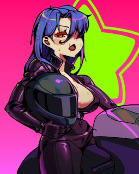 1girl alternate_costume blue_hair blush breasts bubene hair_down helmet jacket large_breasts leather leather_jacket long_hair looking_at_viewer motor_vehicle motorcycle motorcycle_helmet motorcycle_suit open_clothes open_jacket pink_background sitting skullgirls solo sweat unworn_headwear unworn_helmet valentine_(skullgirls)