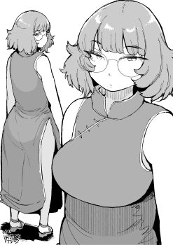 1girl absurdres ass breasts china_dress chinese_clothes closed_mouth dated dress from_behind glasses greyscale hadashi_no_kenji highres looking_at_viewer looking_back medium_breasts medium_hair monochrome multiple_views original round_eyewear side_slit signature simple_background sleeveless sleeveless_dress standing white_background