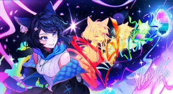 1girl :d animal_ears blue_eyes commentary d-pad d-pad_hair_ornament eeiris_zuro fox_ears hair_ornament highres i_ma_ge jacket kitsune neobaka open_mouth portal_(object) shirt short_hair sleeveless sleeveless_shirt smile symbol-only_commentary tail virtual_youtuber white_shirt