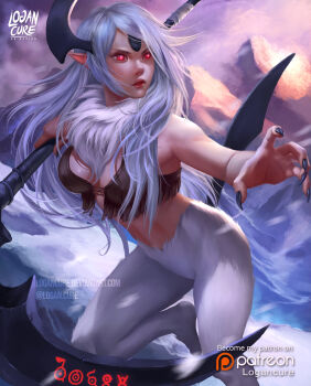 1girl absol absurdres arm_up artist_name bare_shoulders barefoot black_nails blue_gem blue_horns body_fur bottomless breasts brown_shirt character_name claws commission crop_top deviantart_username female_focus forehead_jewel fur_collar gem gen_2_pokemon gen_3_pokemon glowing glowing_eyes grey_hair highres holding holding_scythe horns leg_up lips logan_cure long_hair medium_breasts mountain navel nintendo outdoors outstretched_arm parted_lips patreon_logo patreon_username personification pointy_ears pokemon pokemon_(creature) red_eyes scythe shirt sidelocks signature single_horn sleeveless sleeveless_shirt solo standing standing_on_one_leg stomach tail teeth twitter_username unown unown_a unown_b unown_l unown_o unown_s unownglyphics v-shaped_eyebrows watermark web_address white_fur