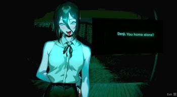 1girl absurdres black_hair black_ribbon black_shorts blood blood_from_mouth bloody_knife chainsaw_man collared_shirt daifunier english_text grenade_pin hair_between_eyes highres holding holding_knife knife looking_at_viewer neck_ribbon no_i&#039;m_not_a_human red_pupils reze_(chainsaw_man) ribbon shirt shorts sleeveless sleeveless_shirt solo