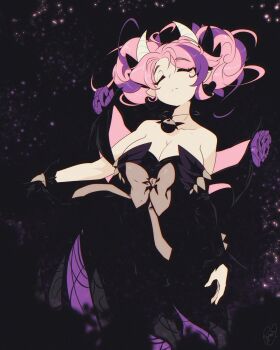 1girl ahoge bare_shoulders black_dress bow breasts brown_bow cleavage closed_eyes closed_mouth collarbone commentary dress english_commentary heart heart_ahoge highres horns indie_virtual_youtuber ironmouse large_breasts long_hair multicolored_hair pink_hair pointy_ears purple_hair ryou_sakai signature solo streaked_hair twintails two-tone_hair virtual_youtuber white_horns