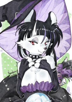 1girl absurdres animal_ears animal_nose artist_name black_collar black_dress black_gloves black_hair black_hat body_fur bow breasts claws cleavage closed_mouth collar dress duel_monster elbow_gloves eyeshadow fairy_tail-wickat fairy_tail_wickat fang fang_out fingerless_gloves furry furry_female gloves hat hat_ornament highres large_breasts looking_at_viewer makeup multicolored_hair nanaeljustice orb purple_hair purple_ribbon red_eyes ribbon smile snout solo star_(symbol) star_hat_ornament strapless streaked_hair studded_collar tail tail_bow tail_ornament upper_body white_fur witch_hat wolf_ears wolf_girl wolf_tail yu-gi-oh!