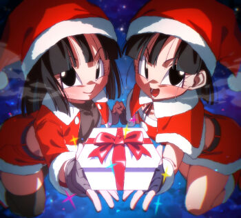 2girls :d black_eyes black_gloves black_hair box capelet christmas closed_mouth commentary_request dragon_ball dragon_ball_gt dragon_ball_heroes fingerless_gloves gift gift_box gloves hat holding holding_gift looking_at_viewer midriff multiple_girls open_mouth pan_(dragon_ball) pan_(xeno)_(dragon_ball) red_capelet red_hat red_shorts rom_(20) santa_hat short_hair shorts smile