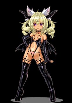1girl :3 absurdres animal_ears armpit_crease black_background black_choker blonde_hair boots breasts cameltoe choker dark-skinned_female dark_skin demon_girl demon_horns elbow_gloves fingerless_gloves full_body gloves hand_on_own_hip high_heel_boots high_heels highres horns latex latex_boots loli looking_at_viewer low_wings mersoleil03 navel original pubic_tattoo purple_eyes revealing_clothes small_breasts solo tattoo thigh_boots twintails wings