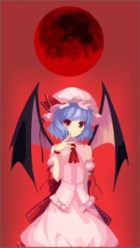 cellphone_photo cowboy_shot dress finicaltub gradient_background hat highres mob_cap moon no_lineart non-web_source pink_dress red_background reference_work remilia_scarlet self-upload solo touhou vampire wings