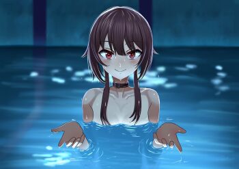 1girl black_choker breasts brown_hair chainsaw_man choker closed_mouth collarbone hands_up highres i'll_teach_you_everything_(chainsaw_man) kawaseri1 kono_subarashii_sekai_ni_shukufuku_wo! megumin nude paid_reward_available partially_submerged pool red_eyes scene_reference short_hair_with_long_locks small_breasts smile solo straight-on upper_body water water_drop wet
