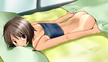 1girl ass bed bed_sheet bedroom blush bottomless brown_eyes brown_hair butt_crack covering_privates dark_skin dazed drugged drugs empty empty_eyes expressionless face_down female_focus head_on_pillow imminent_rape indoors loli looking_at_viewer looking_up lying mind_control needle_mark nude_cover on_stomach one-piece_tan open_mouth original pillow short_hair solo tan tanaka_rikimaru tank_top tanline waiting
