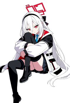 1girl absurdres black_boots black_bow black_hairband black_skirt black_thighhighs blue_archive blue_necktie boots bow bright_pupils chinese_commentary closed_mouth collared_shirt commentary double-parted_bangs frown full_body hair_between_eyes hair_bow hairband half_updo halo highres hugging_own_legs invisible_chair jacket kei_(blue_archive) kei_(new_body)_(blue_archive) knee_up long_hair long_hair_between_eyes long_sleeves looking_at_viewer miniskirt necktie pleated_skirt rectangular_halo red_eyes red_halo ringed_eyes school_uniform shirt simple_background sitting skirt solo split_mouth thighhighs thighs tsurime v-shaped_eyebrows very_long_hair white_background white_hair white_jacket white_pupils white_shirt zq15850716285