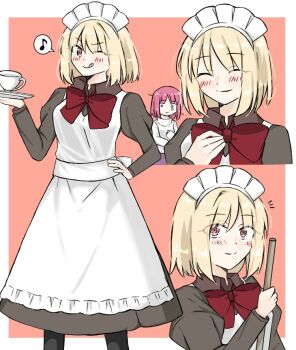 02surume 2girls :p apron arcueid_brunestud arcueid_brunestud_(cosplay) blonde_hair blue_eyes blush bow broom brown_dress closed_eyes cosplay crying cup dress hair_intakes hand_on_own_hip hisui_(tsukihime) hisui_(tsukihime)_(cosplay) holding holding_broom holding_plate kagetsu_tooya looking_at_viewer maid maid_apron maid_headdress multiple_girls one_eye_closed pink_hair plate purple_skirt red_bow short_hair skirt smile sweater teacup tears tongue tongue_out tsukihime turtleneck turtleneck_sweater