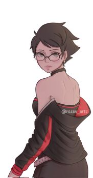 1girl bare_shoulders belt black_eyes black_hair black_jacket boruto:_two_blue_vortex commentary corrupted_twitter_file earrings english_commentary expressionless from_side glasses highres jacket jewelry looking_at_viewer naruto_(series) off_shoulder photo-referenced pink_lips rozan_arts short_hair solo strapless tube_top uchiha_sarada uchiha_symbol upper_body white_belt