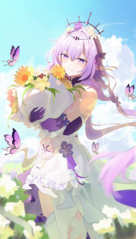 1girl absurdres aki_maple alternate_costume bare_shoulders black_tiara bouquet bug butterfly castorice_(honkai:_star_rail) closed_mouth commentary_request cowboy_shot day dress elbow_gloves flower gloves hair_between_eyes hair_flower hair_ornament hair_ribbon highres holding holding_bouquet honkai:_star_rail honkai_(series) insect light_blush light_smile long_hair looking_at_viewer outdoors pink_flower pointy_ears purple_butterfly purple_eyes purple_flower purple_gloves purple_hair purple_ribbon ribbon sleeveless sleeveless_dress solo standing tiara very_long_hair white_dress white_flower yellow_flower