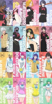 1boy 6+girls arrancar bambietta_basterbine baseball_bat bleach bleach:_sennen_kessen-hen blonde_hair candice_catnipp dark-skinned_female dark_skin dokugamine_riruka espada eyepatch giselle_gewelle glasses green_hair gyaru highres hinamori_momo inoue_orihime kotetsu_isane kubo_tite kuchiki_rukia kurotsuchi_nemu liltotto_lamperd long_hair mask matsumoto_rangiku medium_hair meninas_mcallon mouth_mask multiple_girls navel nelliel_tu_odelschwanck official_art orange_hair pink_hair purple_hair second-party_source shihouin_yoruichi short_hair side_ponytail skirt smile stomach sui-feng tier_harribel trap white_hair