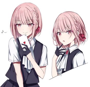 1other :o ace_(playing_card) ace_of_hearts akiyama_mizuki alternate_costume alternate_hair_length alternate_hairstyle ascot black_gloves black_vest braid card commentary cropped_torso do_while02 eighth_note finger_to_own_chin gem gloves hair_ribbon half_gloves heart heart_card highres holding holding_card light_blush looking_at_viewer looking_to_the_side multiple_views musical_note other_focus pink_eyes pink_gemstone pink_hair pink_ribbon playing_card project_sekai red_gemstone ribbon shirt short_hair short_sleeves side_braid single_braid smile solo translated twitter_username upper_body vest white_ascot white_background white_shirt white_sleeves wing_collar