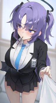 1girl absurdres black_halo black_skirt blue_archive blue_necktie blush food food_in_mouth halo highres id_card jacket mechanical_halo necktie pocky pocky_in_mouth purple_eyes purple_hair red_pupils ryu_o shirt_tug skirt triangle_hair_ornament two-sided_fabric two-sided_jacket yuuka_(blue_archive)