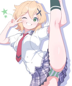 1girl absurdres akatsuki_kirika blonde_hair blush breasts gmkz_kawaii green_eyes green_panties green_socks grey_skirt hair_between_eyes highres kneepits looking_at_viewer medium_breasts necktie open_mouth panties pantyshot red_necktie school_uniform senki_zesshou_symphogear shirt short_hair simple_background skirt smile socks solo split standing standing_on_one_leg standing_split striped_clothes striped_panties teeth underwear v white_background white_shirt