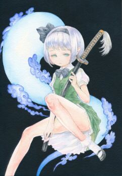 1girl bobby_socks commentary_request expressionless green_eyes hairband highres katana konpaku_youmu konpaku_youmu_(ghost) mary_janes painting_(medium) sato_(osappun) shoes short_hair skirt socks sword touhou traditional_media watercolor_(medium) weapon white_hair