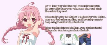 1girl 2000s_(style) ahoge bk_(barakoodra) braid dot_nose fang faux_retro_artstyle highres how_to long_hair looking_at_viewer low_twin_braids open_mouth original pink_hair red_eyes smile solo twin_braids