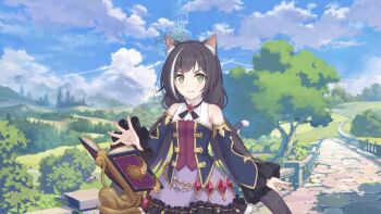 animal_ears black_hair blue_sky book cat_ears cat_tail cloud cloudy_sky grass green_eyes grimoire karyl_(princess_connect!) official_art outdoors path princess_connect! road sky tail tree