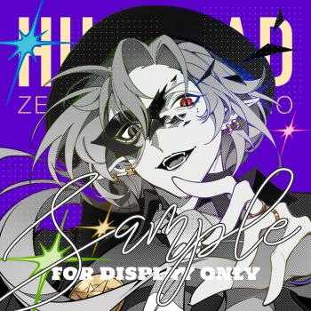 1boy alternate_hair_color black_coat black_hat character_name coat commentary ear_piercing earrings english_text eye_mask gold_ring grey_eyes grey_hair grey_necktie hair_between_eyes half_eye_mask hat heterochromia highres hugo_vlad jewelry long_hair looking_at_viewer male_focus mask medallion mole mole_under_eye multiple_rings necktie open_mouth piercing pointy_ears purple_background red_eyes ring sample_watermark saskeboom shattered solo sparkle upper_body watermark zenless_zone_zero