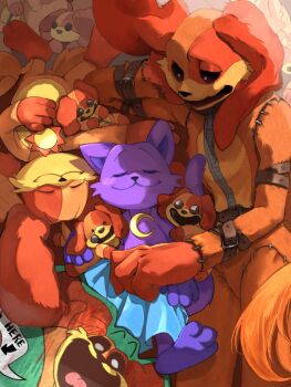 2boys bad_id bad_twitter_id black_sclera catnap_(poppy_playtime) closed_eyes closed_mouth colored_sclera commentary crescent_moon dogday_(poppy_playtime) english_commentary furry furry_male highres looking_at_another male_focus moon multiple_boys open_mouth poppy_playtime sleeping smile taru_8naru white_eyes