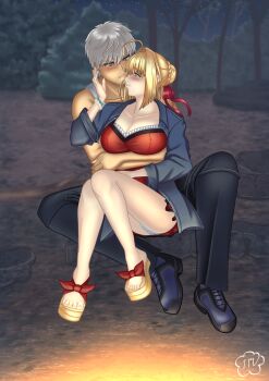 1boy 1girl absurdres archer_(casual_wear)_(fate) archer_(fate) blonde_hair breasts commentary couple dark-skinned_male dark_skin dress english_commentary fate/extra fate/grand_order fate_(series) highres large_breasts murasaki_inori nero_claudius_(fate) sandals white_hair