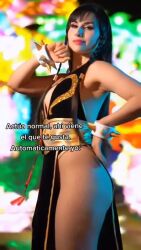 Rule 34 | 1girl, alternate costume, animated, ass, audible music, bracelet, braid, breasts, capcom, chilean (nationality), chun-li, chun-li (cosplay), claubailarinita, cleavage, cosplay, dress, hand in own hair, hand on own hip, highres, jewelry, long hair, looking at viewer, official alternate costume, photo (medium), real life, shiny skin, short dress, simple background, skin tight, sound, spiked bracelet, spikes, standing, street fighter, street fighter v, tagme, thighs, very long hair, video