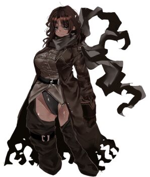 1girl black_leotard breasts brown_coat brown_gloves brown_hair brown_pants brown_vest closed_mouth coat commentary_request crotchless crotchless_pants erlking_heathcliff_(project_moon) genderswap genderswap_(mtf) gloves grey_scarf highleg highleg_leotard highres korean_commentary large_breasts leotard limbus_company long_hair looking_at_viewer pants project_moon scarf serious simple_background stephe666q vest wavy_hair white_background