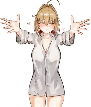 1girl absurdres ahoge blonde_hair blush breasts buttons cleavage fate/extra fate_(series) green_eyes hair_intakes heart highres large_breasts long_sleeves nero_claudius_(fate) open_mouth outstretched_arms red_ribbon ribbon shirt simple_background solo t-shirt white_background yotsutsu428