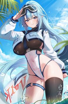 1girl absurdres arm_up black_thighhighs blue_eyes blue_hair breasts character_pria closed_mouth commission covered_navel cropped_jacket day goggles goggles_on_head highleg highleg_one-piece_swimsuit highres jacket large_breasts long_hair long_sleeves looking_at_viewer one-piece_swimsuit original outdoors pointy_ears ponytail salute single_thighhigh smile solo suisen_(suisenhwa) sunlight swimsuit thigh_strap thighhighs thighs very_long_hair wet white_jacket white_one-piece_swimsuit