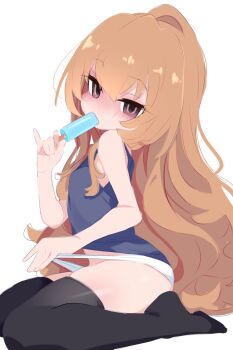 1girl aisaka_taiga black_thighhighs blush brown_hair feet female_focus food food_in_mouth from_side highres kukuchi581 kyojiri_loli loli long_hair looking_at_viewer panties popsicle popsicle_in_mouth shirt sitting sleeveless sleeveless_shirt solo stomach thighhighs thighs toradora! underwear white_panties