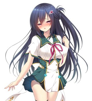 Rule 34 | 1girl, black hair, black thighhighs, blush, braid, breasts, chikubi (artist), clenched hand, covered erect nipples, cowboy shot, dress, game cg, hair between eyes, hair ornament, hairclip, half-closed eyes, kusarou, large breasts, large variant set, long hair, looking at viewer, mahou shoujo inori, mamiya inori, non-web source, nose blush, official art, one side up, open mouth, purple eyes, ribbon, school uniform, short dress, short sleeves, simple background, solo, thighhighs, transparent background, variant set