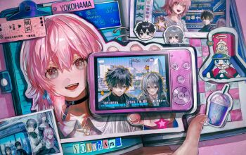 1boy 1other 2girls black_choker black_hair camera choker commentary_request dan_heng_(honkai:_star_rail) dan_heng_(hunt)_(honkai:_star_rail) grey_hair highres holding holding_camera honkai:_star_rail honkai_(series) ikuta41 looking_at_viewer march_7th_(honkai:_star_rail) march_7th_(preservation)_(honkai:_star_rail) multiple_girls multiple_views notebook photo_(object) pink_hair pom-pom_(honkai:_star_rail) pov pov_hands screen star_(symbol) stelle_(honkai:_star_rail) trailblazer_(honkai:_star_rail) yokohama