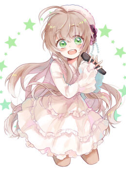 Rule 34 | 1girl, :d, ahoge, alternate costume, beret, black flower, blush, brown hair, chogi, commentary request, cowboy shot, cropped legs, dress, eyes visible through hair, floating hair, flower, frilled dress, frills, green eyes, hair between eyes, hair flower, hair ornament, happy, hat, holding, holding microphone, interlocked fingers, kanbe kotori, long hair, long sleeves, looking at viewer, microphone, open mouth, own hands together, rewrite, sidelocks, simple background, smile, solo, star (symbol), tareme, teeth, upper teeth only, very long hair, white background, white dress, white hat, wide-eyed, wide sleeves