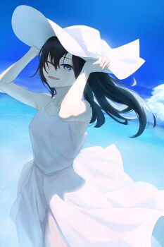 1girl ;d black_hair blue_eyes blue_sky cloud commentary_request dress floppy_hat hair_between_eyes hat highres kis_sako long_hair ocean one_eye_closed open_mouth original sky smile solo summer sun_hat water white_dress