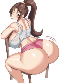 1girl alternate_costume ass ass_focus ass_shake bare_shoulders blush breasts brown_eyes brown_hair chair come_hither fatal_fury from_behind highres huge_ass huge_breasts jiggle long_hair looking_at_viewer looking_back naughty_face official_alternate_costume one_eye_closed ponytail shiranui_mai short_shorts shorts sideboob sitting smile solo sports_bra street_fighter street_fighter_6 the_king_of_fighters thick_thighs thighs very_long_hair wonk ytrall