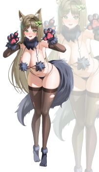 1girl @_@ absurdres animal_ear_fluff animal_ears animal_hands bikini black_bikini black_gloves black_survival black_thighhighs blush brown_hair claw_pose detached_collar elbow_gloves eternal_return:_black_survival fur_bikini fur_collar gloves green_eyes gweon_sua hair_ornament highres leaf_hair_ornament long_hair looking_at_viewer open_mouth parted_bangs paw_gloves pawpads solo suisen_(suisenhwa) swimsuit tail thighhighs