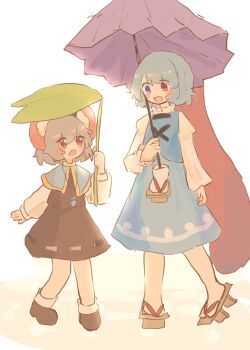 Rule 34 | 2girls, :d, :o, animal ears, backlighting, blue dress, blue hair, capelet, commentary request, dress, edamanecha, full body, geta, grey hair, heterochromia, highres, holding, holding umbrella, jewelry, leaf umbrella, light blush, long sleeves, looking at another, mouse ears, multiple girls, nazrin, necklace, open mouth, red eyes, short hair, skirt cutout, smile, tatara kogasa, touhou, umbrella, white background