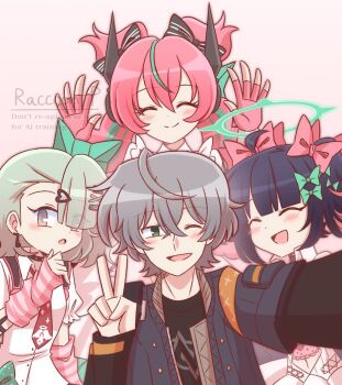 Rule 34 | 1boy, 3girls, ^ ^, aqua streaks, aria (zenless zone zero), arm warmers, black hair, black shirt, blue jacket, blush, bow, closed eyes, collared shirt, earrings, fingerless gloves, gloves, green bow, green eyes, green hair, green halo, grey hair, hair between eyes, hair over one eye, halo, jacket, jewelry, multiple girls, multiple hair clips, musical note earrings, nangong yu, necktie, one eye closed, open clothes, open jacket, pink arm warmers, pink gloves, pink hair, raccoon-p, red necktie, shirt, striped arm warmers, sunna (zenless zone zero), upper body, v, waving, white shirt, wise (zenless zone zero), zenless zone zero