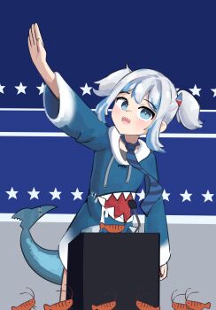 Rule 34 | 1girl, absurdres, ahodeyaro, arm up, blue eyes, blue hair, blue hoodie, blue necktie, commentary, ebi-chan (gawr gura), elon musk, fins, fish tail, gawr gura, gawr gura (1st costume), grey hair, hair ornament, highres, hololive, hololive english, hood, hoodie, looking at viewer, meme, multicolored hair, necktie, open mouth, salute, shark girl, shark hair ornament, shark tail, sharp teeth, shrimp, solo, straight-arm salute, streaked hair, striped necktie, symbol-only commentary, tail, teeth, twintails, virtual youtuber