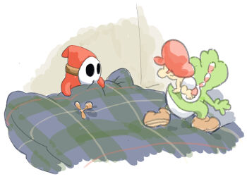 1boy baby baby_mario blanket brown_footwear colored_skin commentary_request diaper green_skin hat highres lying mario mario_(series) mask mzno32 nintendo on_back plaid_blanket propeller red_hat red_robe robe shy_guy super_mario_world_2:_yoshi's_island under_covers white_background yoshi