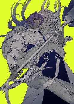 1boy bhima_(fate) closed_mouth commentary_request dark-skinned_male dark_skin dragon eastern_dragon fate/grand_order fate_(series) holding holding_polearm holding_weapon looking_at_viewer male_focus polearm ponytail simple_background solo tnaym weapon yellow_background yellow_eyes
