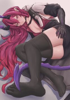 1girl absurdres arknights ascalon_(arknights) ass belt belt_buckle belt_collar black_belt black_collar black_horns black_pantyhose black_skirt blush breasts buckle cleavage closed_mouth clothes_pull collar embarrassed feet full_body hair_between_eyes highres horns long_hair looking_at_viewer lying medium_breasts no_bra no_shoes nyo_(fy_1) on_side pantyhose pantyhose_pull pink_eyes pink_hair pointy_ears purple_horns purple_tail skirt soles solo sweatdrop tail