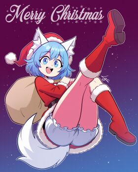 1girl :d absurdres animal_ear_fluff animal_ears belt black_belt bloomers blue_background blue_eyes blue_hair boots christmas commentary cursive double-parted_bangs dress english_commentary english_text full_body fur-trimmed_boots fur-trimmed_dress fur-trimmed_headwear fur_trim gradient_background hat highres holding holding_sack indie_virtual_youtuber initial knees_together_feet_apart leg_up lgcrx long_sleeves looking_at_viewer merry_christmas open_mouth outline pom_pom_hat_ornament purple_background red_boots red_dress red_hat sack sack_behind_back santa_costume santa_dress santa_hat shoe_soles short_hair smile snowflakes snowing solo tail teeth two-tone_background underwear upper_teeth_only virtual_youtuber white_bloomers white_outline white_tail wolf_ears wolf_girl wolf_tail wolfychu