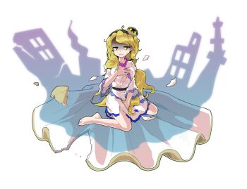 1girl alphes_(style) barefoot between_legs black_hairband blonde_hair blush breasts clam_shell_ornament collarbone commentary_request dairi defeat dress fossilized_wonders frilled_sleeves frills full_body hairband hand_between_legs hand_on_own_chest highres large_variant_set long_hair medium_breasts parody shaded_face side_slit solo style_parody tachi-e torn_clothes touhou transparent_background variant_set very_long_hair watari_nina wavy_hair white_dress wide_sleeves