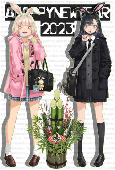 2023 2girls animal_ears bag black_footwear black_hair black_jacket black_necktie black_skirt black_socks blue_eyes blush brown_footwear candy cardigan charm_(object) chinese_zodiac collared_shirt commentary_request constricted_pupils fake_animal_ears food full_body gradient_hair grey_cardigan grey_hair hair_ornament hairclip hand_in_pocket happoubi_jin happy_new_year highres holding holding_candy holding_food holding_lollipop jacket kadomatsu kneehighs loafers lollipop long_hair looking_at_viewer mask_pull medium_hair mole mole_under_mouth multicolored_hair multiple_girls necktie new_year open_clothes open_collar open_jacket open_mouth original pink_eyes pink_hair pink_jacket plaid_clothes plaid_skirt pleated_skirt rabbit_ears school_bag school_uniform sharp_teeth shirt shoes skirt smile socks stuffed_animal stuffed_rabbit stuffed_toy teeth text_background two-tone_hair white_shirt white_socks year_of_the_rabbit