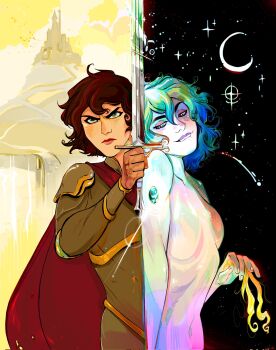 2girls armor blonde_hair blue_hair breasts brown_hair cape cassandra_(tangled) castle commentary crescent dual_persona english_commentary green_eyes green_hair hair_between_eyes highres holding holding_sword holding_weapon multicolored_hair multiple_girls naughty_face navel no_nipples nude raised_eyebrow red_cape serious small_breasts split_screen sword tangled rapunzel's_tangled_adventure thereinart weapon